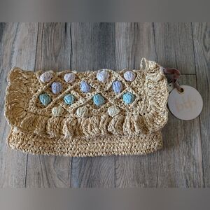 BTB LOS ANGELES Mini Cheri Straw Clutch in Natural Pastel Rainbow NWT